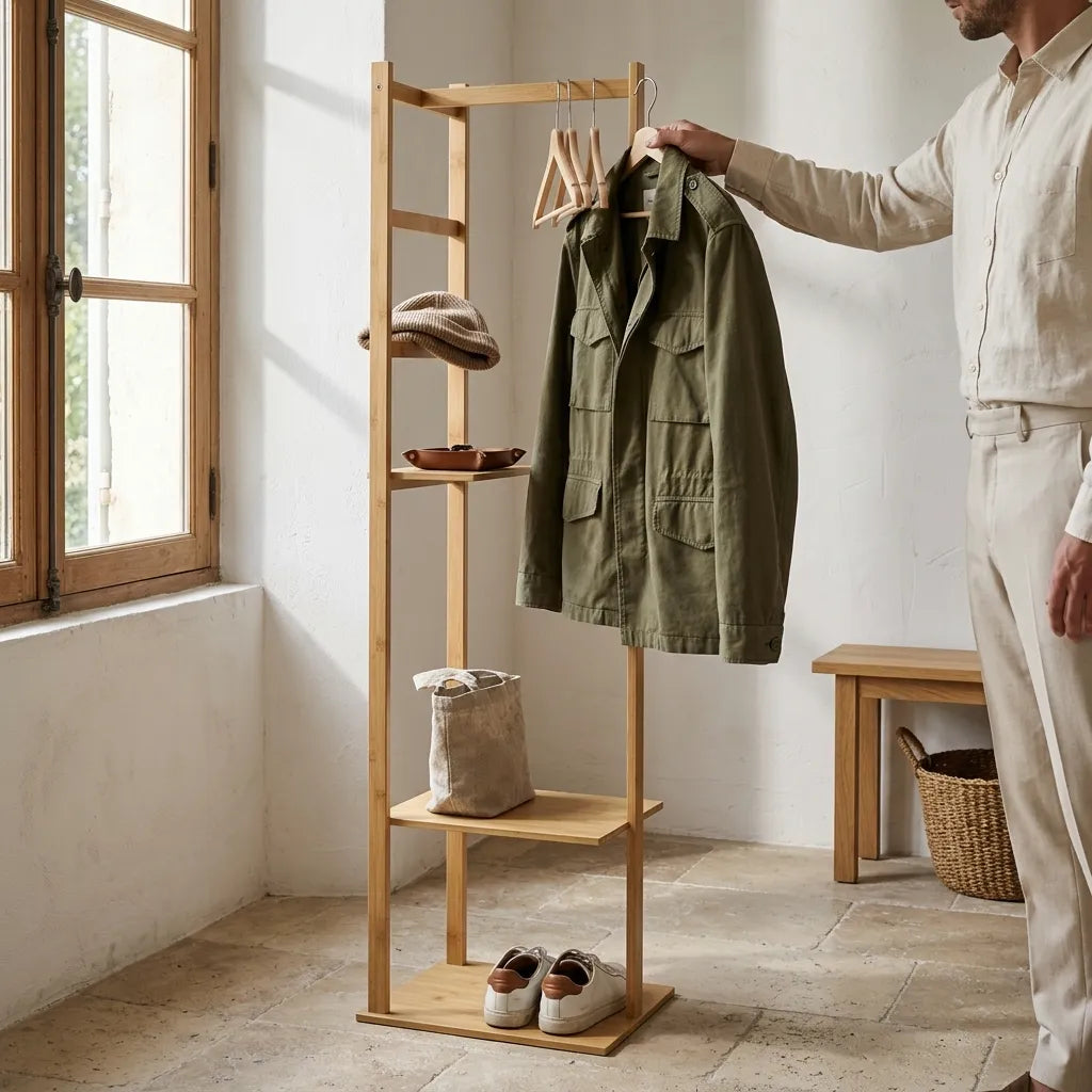 Portant à vêtements compact en bambou avec étagères - Le Towerio