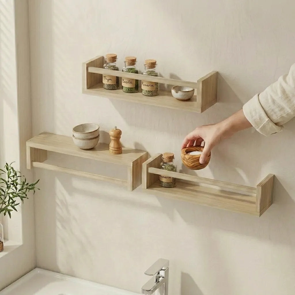 Lot de 3 étagères murales flottantes en bois pour cuisine - Le Boxio