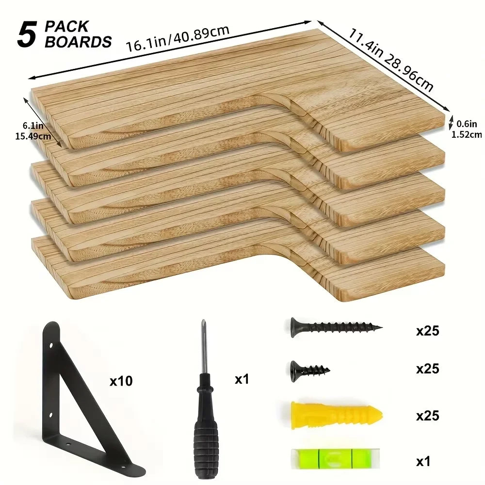 Lot de 5 étagères murales d'angle en bois avec équerres - Le Nookio