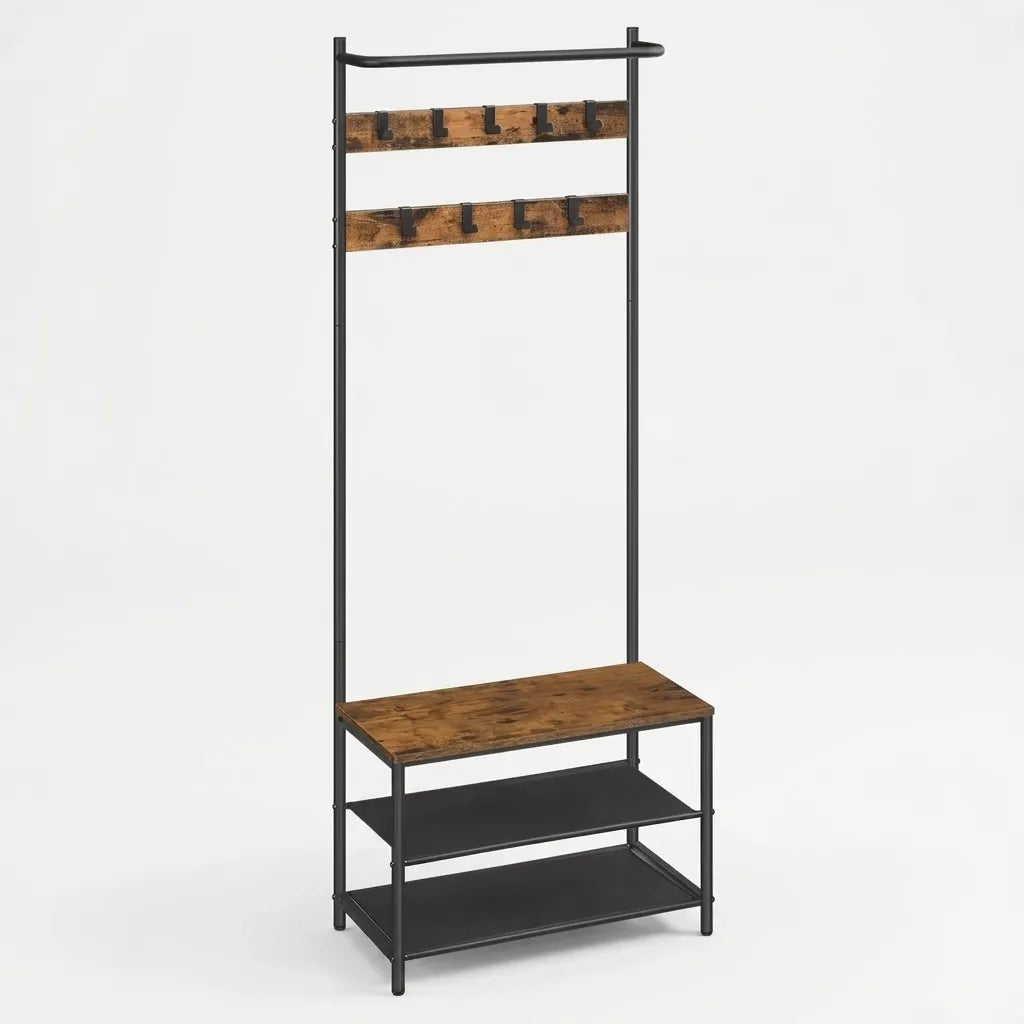 Meuble d'entrée Le Vestio industriel en bois rustique et métal noir avec banc.