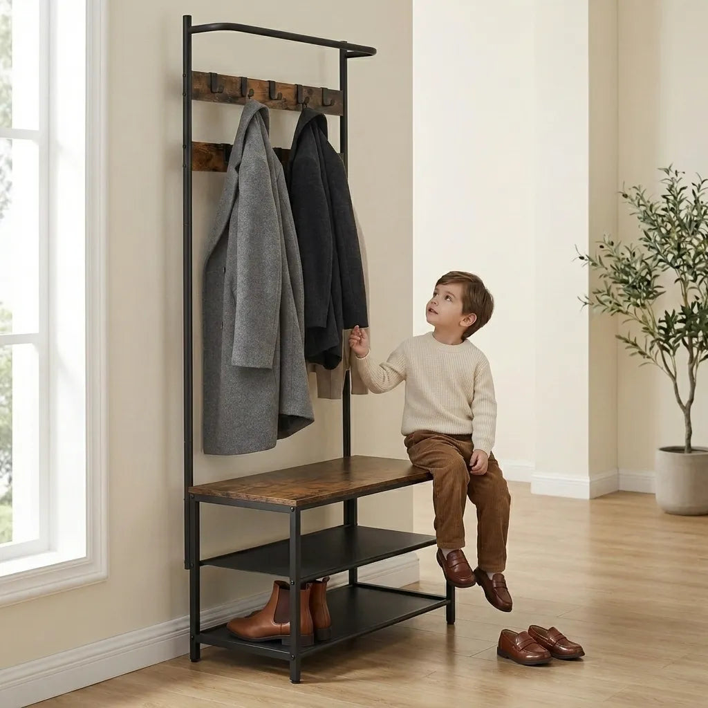 Meuble d'entrée Le Vestio industriel en bois rustique et métal noir avec banc.