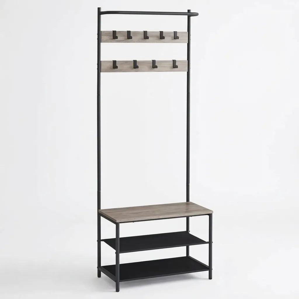 Meuble d'entrée Le Vestio industriel en bois rustique et métal noir avec banc.
