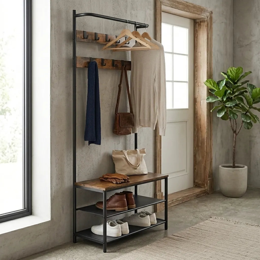 Meuble d'entrée Le Vestio industriel en bois rustique et métal noir avec banc.