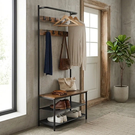 Meuble d'entrée Le Vestio industriel en bois rustique et métal noir avec banc.