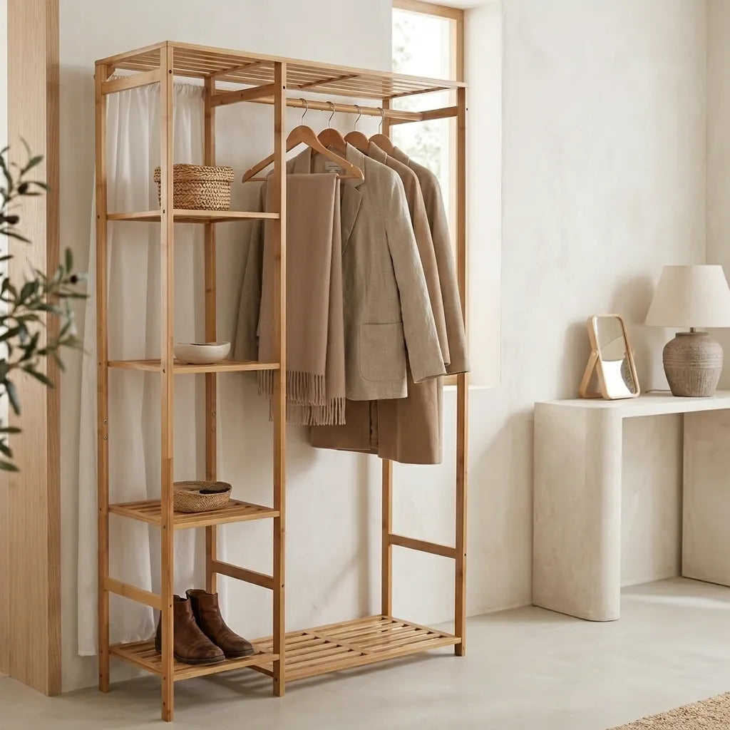 Dressing ouvert Le Wardio en bambou naturel, porte-manteau vertical et étagères, style scandinave.