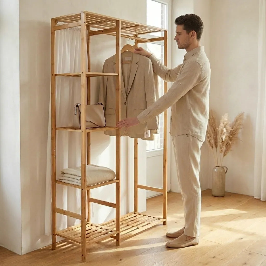 Dressing ouvert Le Wardio en bambou naturel, porte-manteau vertical et étagères, style scandinave.