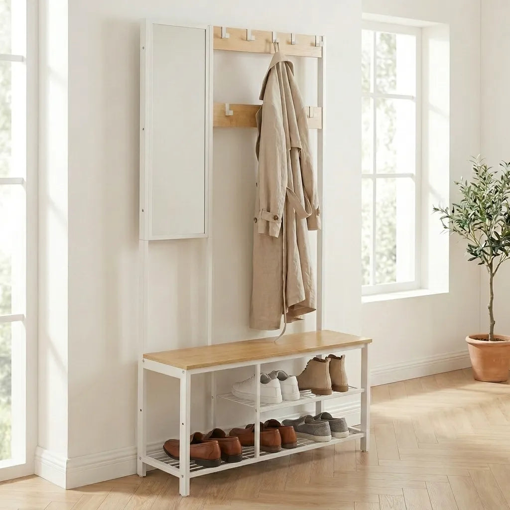 Meuble porte manteaux avec miroir et banc en bois et métal blanc - Le Mirorio