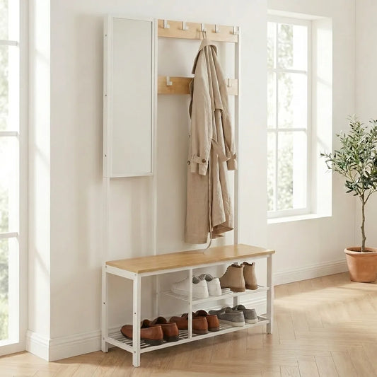 Meuble porte manteaux avec miroir et banc en bois et métal blanc - Le Mirorio