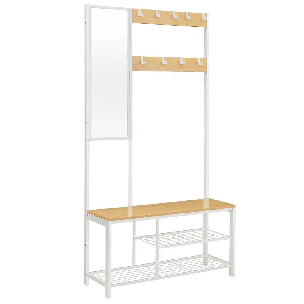 Meuble porte manteaux avec miroir et banc en bois et métal blanc - Le Mirorio