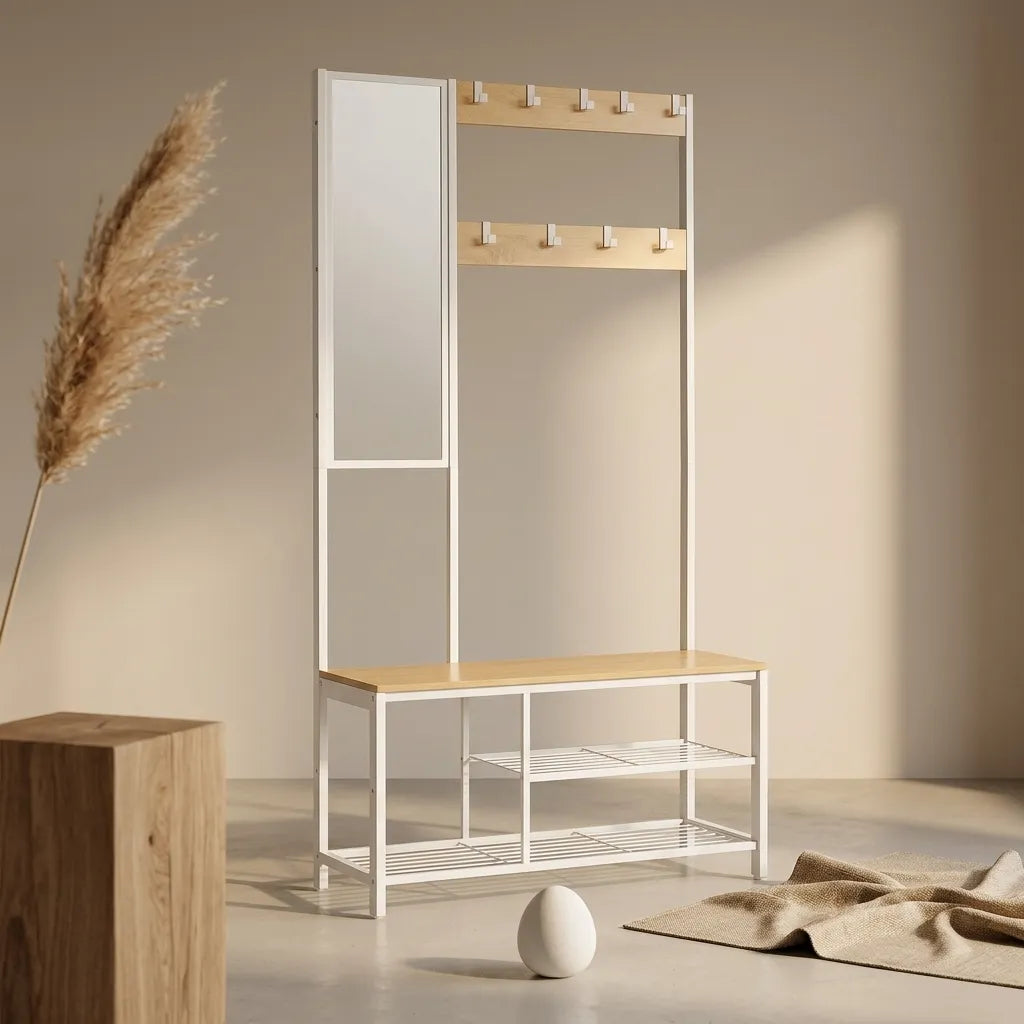 Meuble porte manteaux avec miroir et banc en bois et métal blanc - Le Mirorio