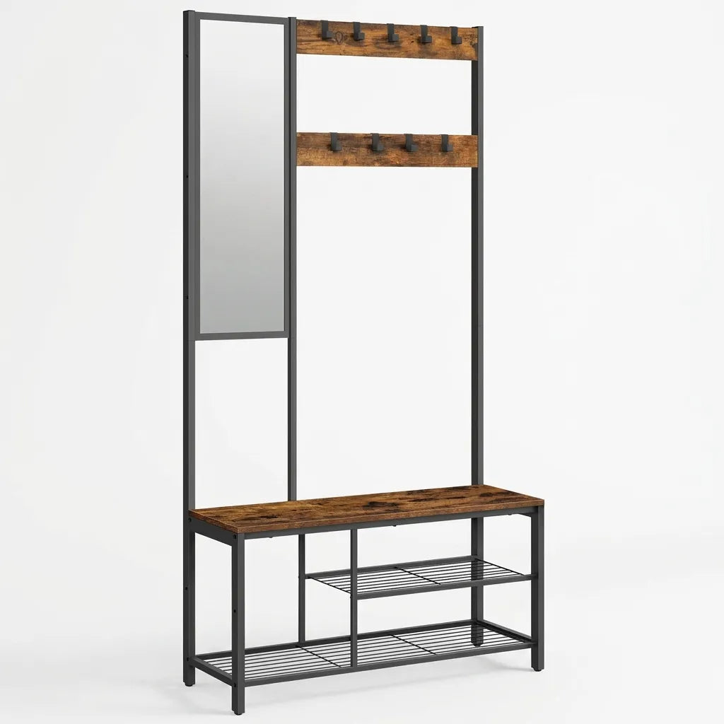 Meuble porte manteaux avec miroir et banc en bois et métal noir - Le Mirorio