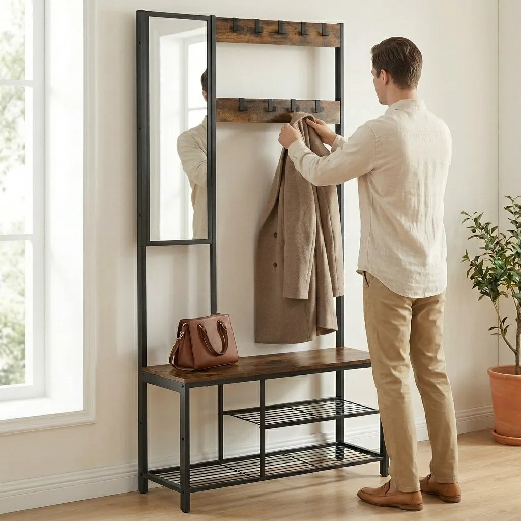 Meuble porte manteaux avec miroir et banc en bois et métal noir - Le Mirorio
