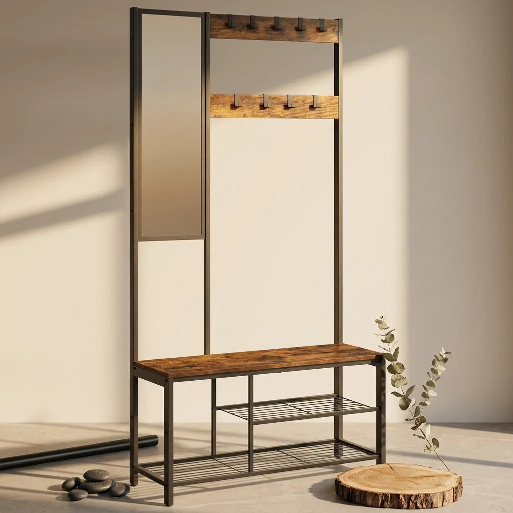 Meuble porte manteaux avec miroir et banc en bois et métal noir - Le Mirorio
