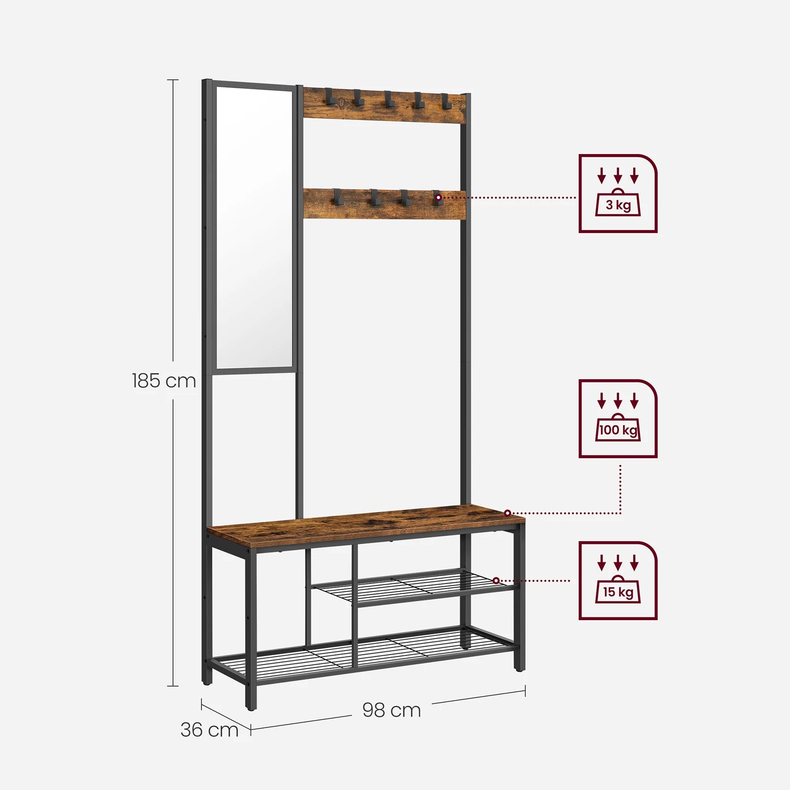Meuble porte manteaux avec miroir et banc en bois et métal noir - Le Mirorio