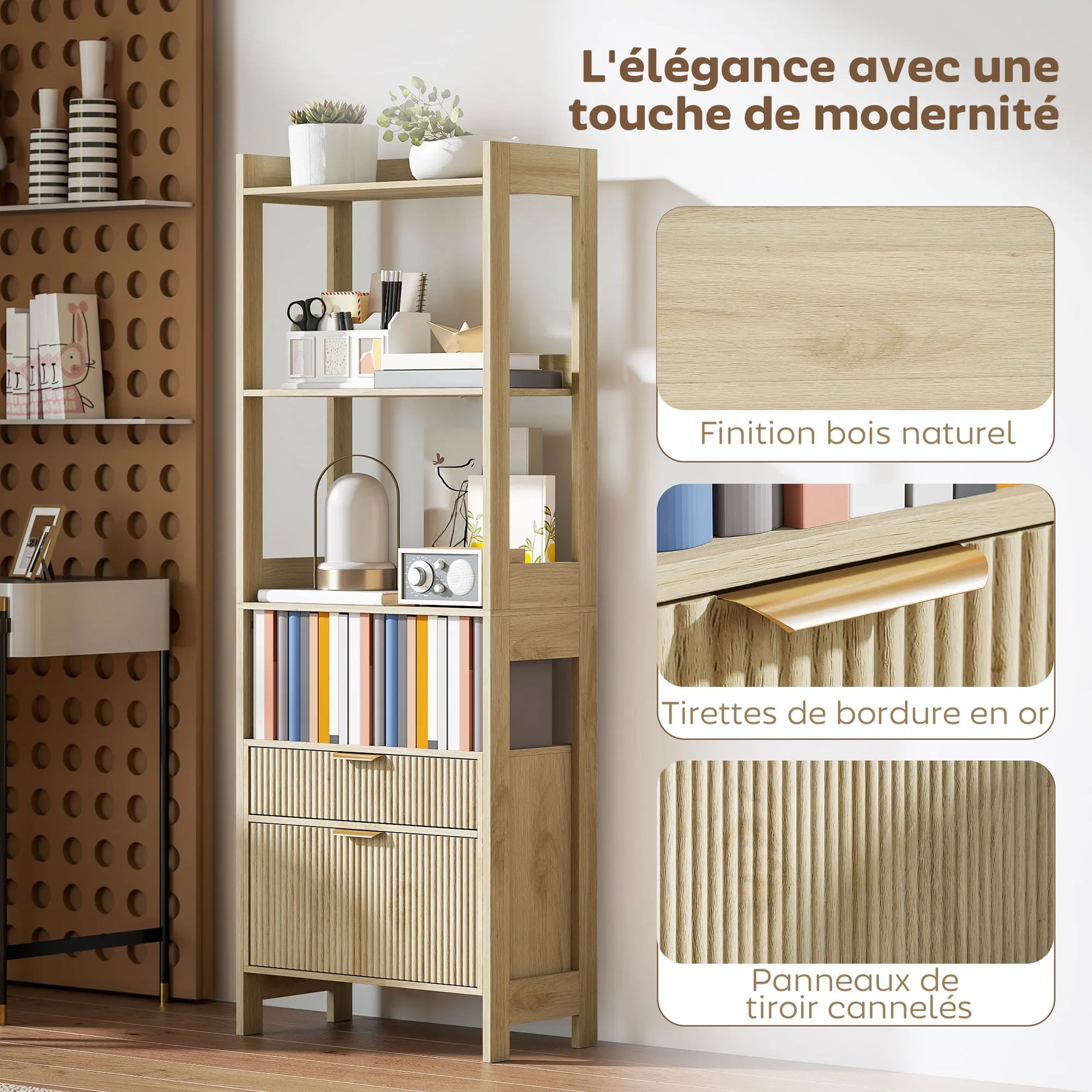 Meuble de rangement avec tiroirs cannelés et étagères en bois - Le Cannelio