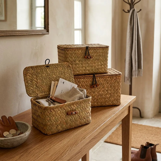 Panier de rangement en jonc de mer tressé avec couvercle - Le Jonquio