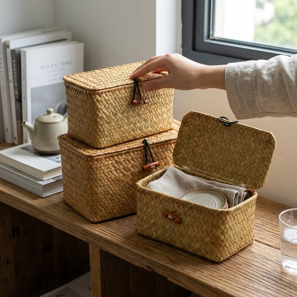 Panier de rangement en jonc de mer tressé avec couvercle - Le Jonquio