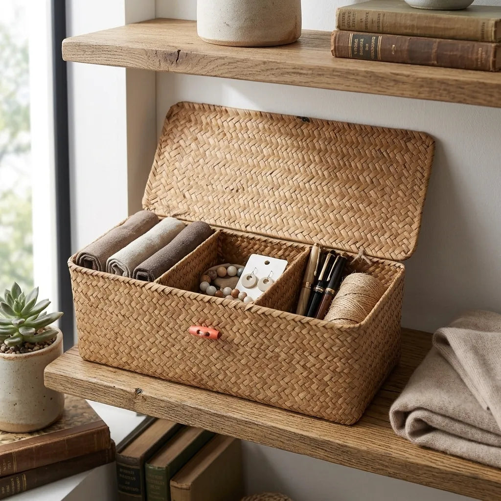 Panier de rangement tressé 3 compartiments en jonc de mer - Le Triorio