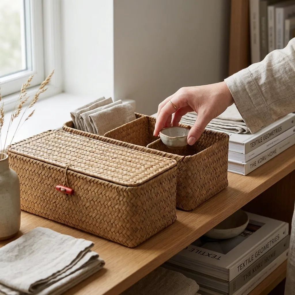 Panier de rangement tressé 3 compartiments en jonc de mer - Le Triorio