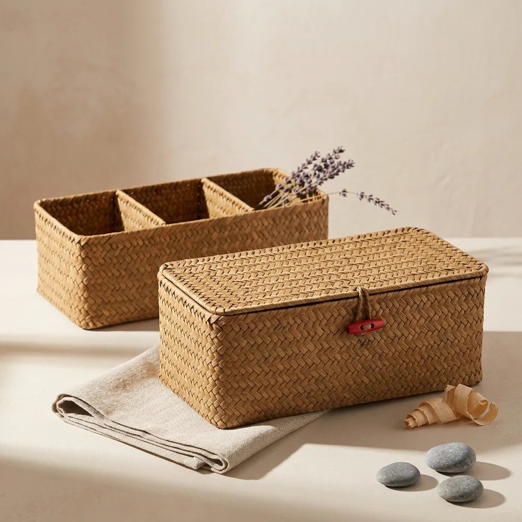 Panier de rangement tressé 3 compartiments en jonc de mer - Le Triorio