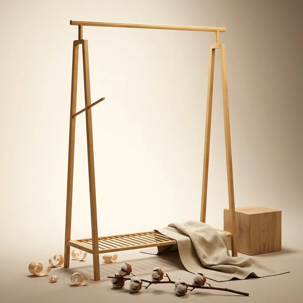 Portant Le Tringlio en bambou naturel avec étagère et patère latérale.