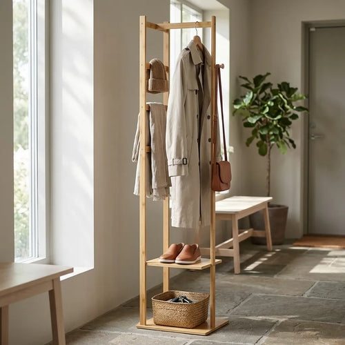Portant à vêtements compact en bambou avec étagères - Le Towerio
