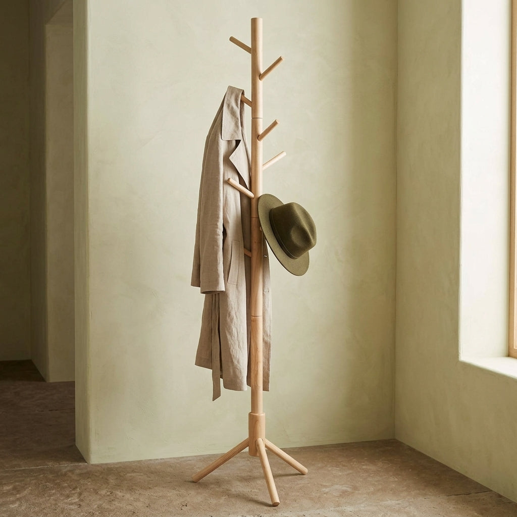 portant manteau sur pied réglable en bois clair