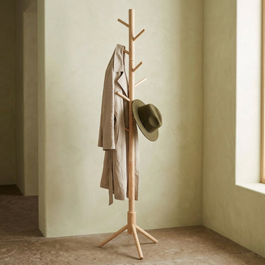 portant manteau sur pied réglable en bois clair