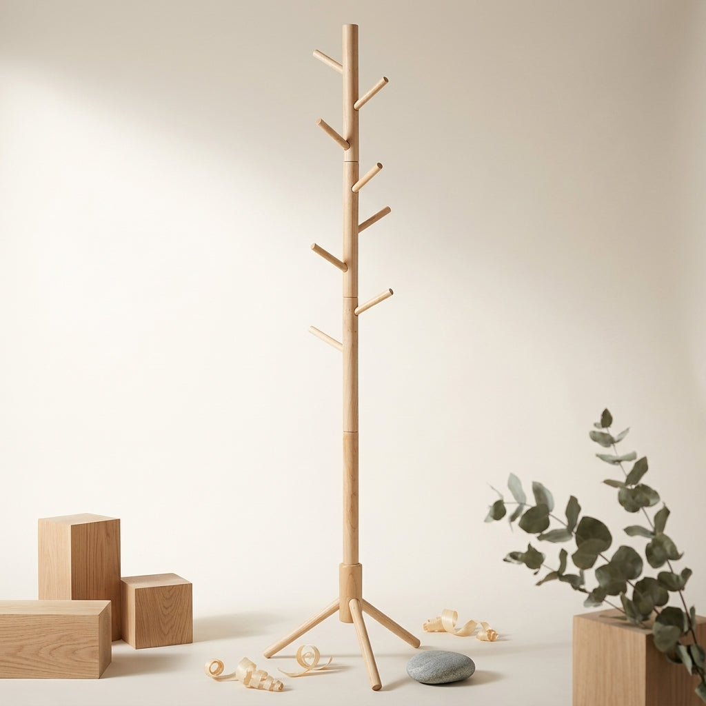 portant manteau sur pied réglable en bois clair