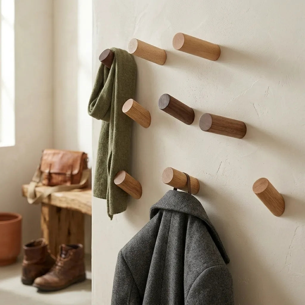Porte-cintre mural Cylindio en bois naturel, style scandinave épuré.