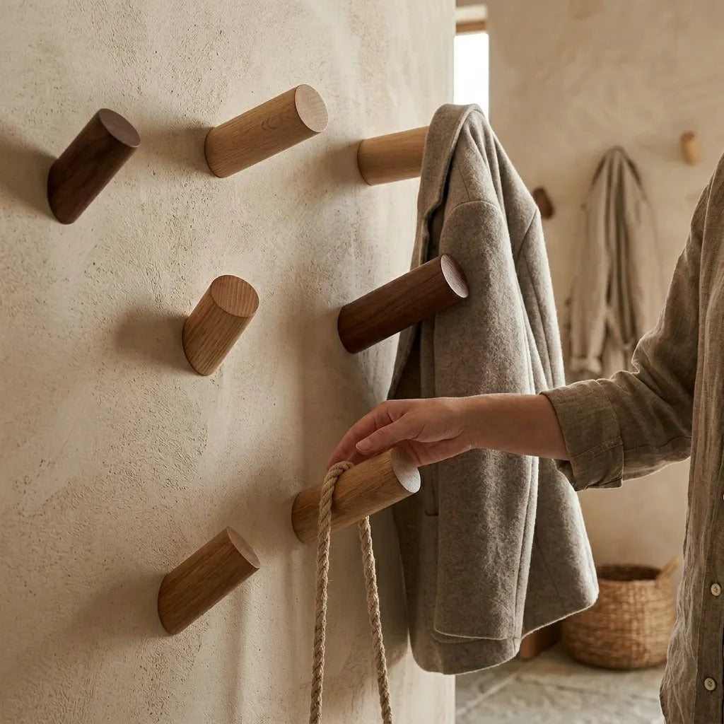 Porte-cintre mural Cylindio en bois naturel, style scandinave épuré.