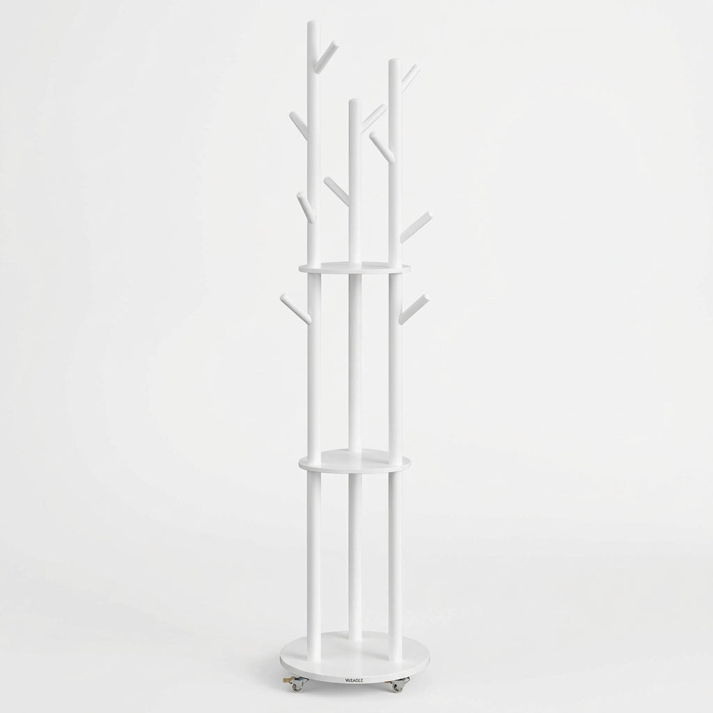 Porte-manteau arbre en bois blanc, 11 crochets, 3 étagères, roulettes amovibles