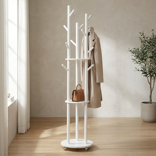 Porte-manteau arbre en bois blanc, 11 crochets, 3 étagères, roulettes amovibles