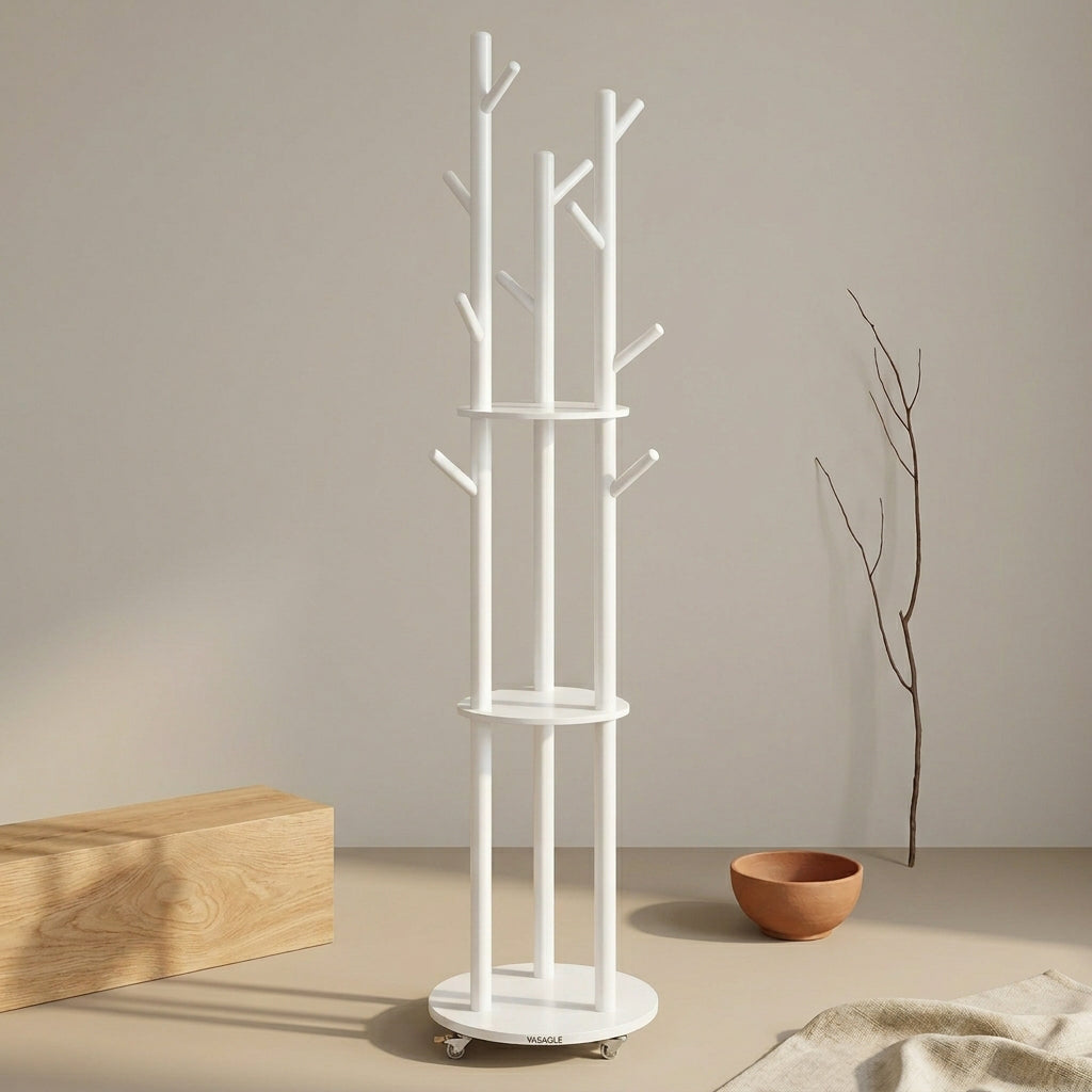 Porte-manteau arbre en bois blanc, 11 crochets, 3 étagères, roulettes amovibles