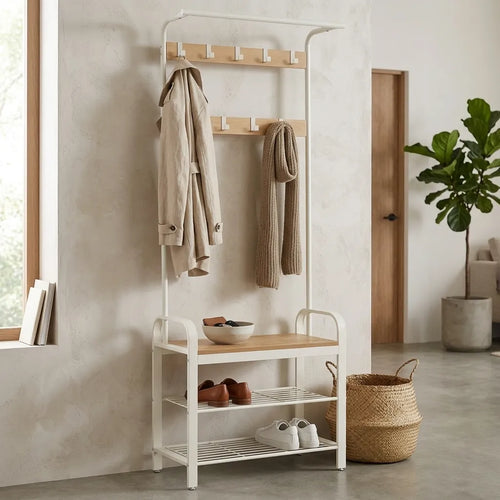 Porte-manteau Le Entrio 4-en-1 avec banc, étagère à chaussures, acier noir et grège.