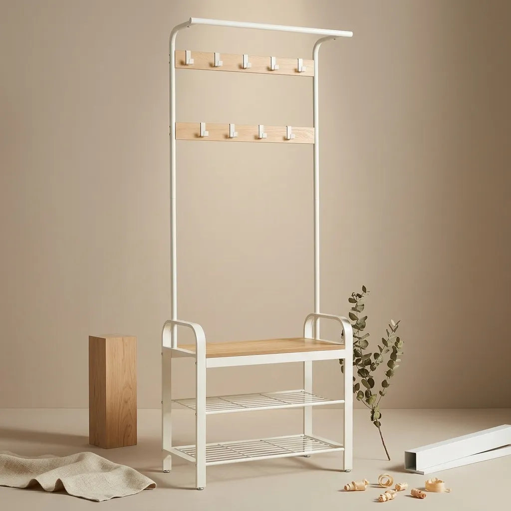 Porte-manteau Le Entrio 4-en-1 avec banc, étagère à chaussures, acier noir et grège.