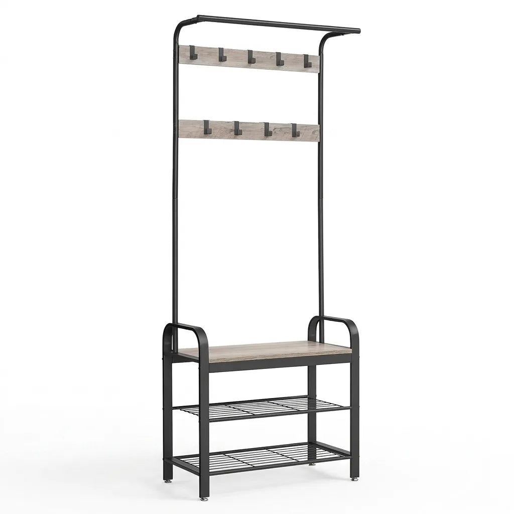 Porte-manteau Le Entrio 4-en-1 avec banc, étagère à chaussures, acier noir et grège.