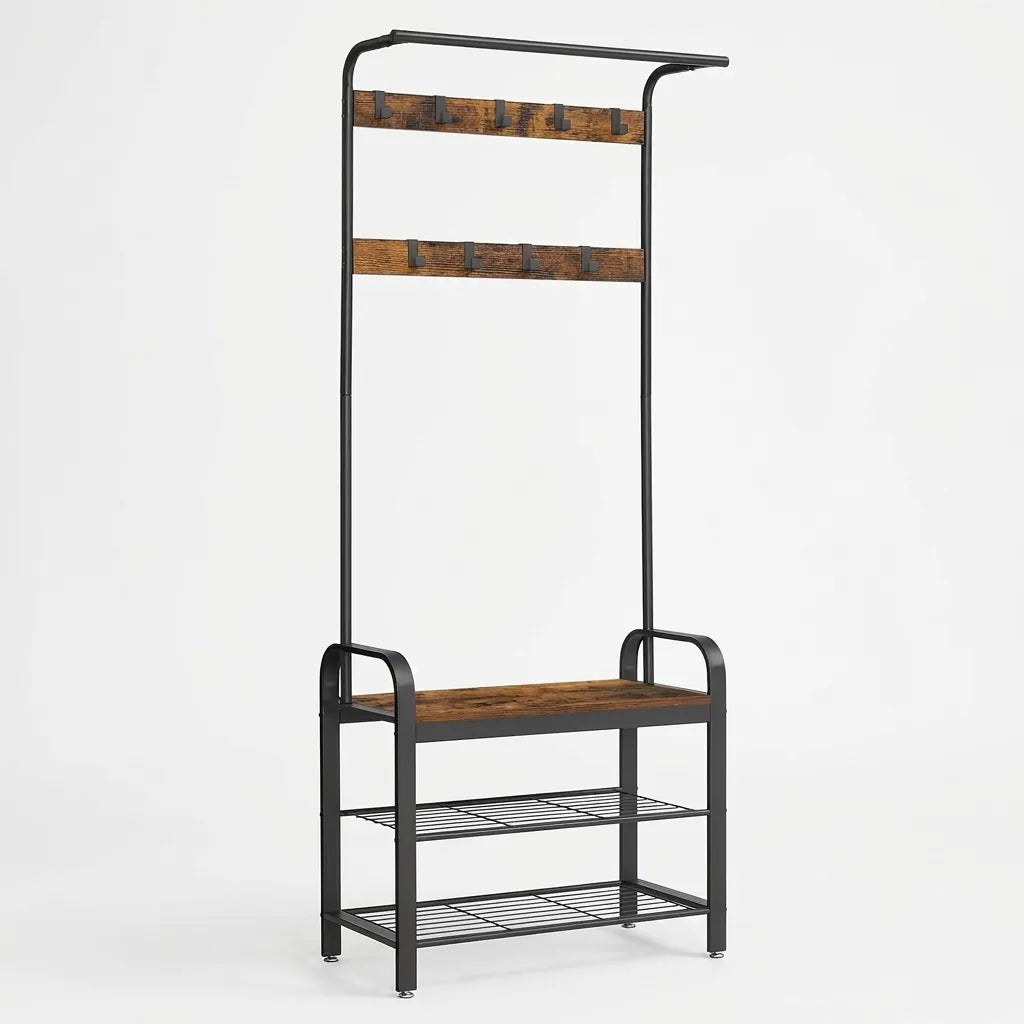 Porte-manteau Le Entrio 4-en-1 avec banc, étagère à chaussures, acier noir et grège.