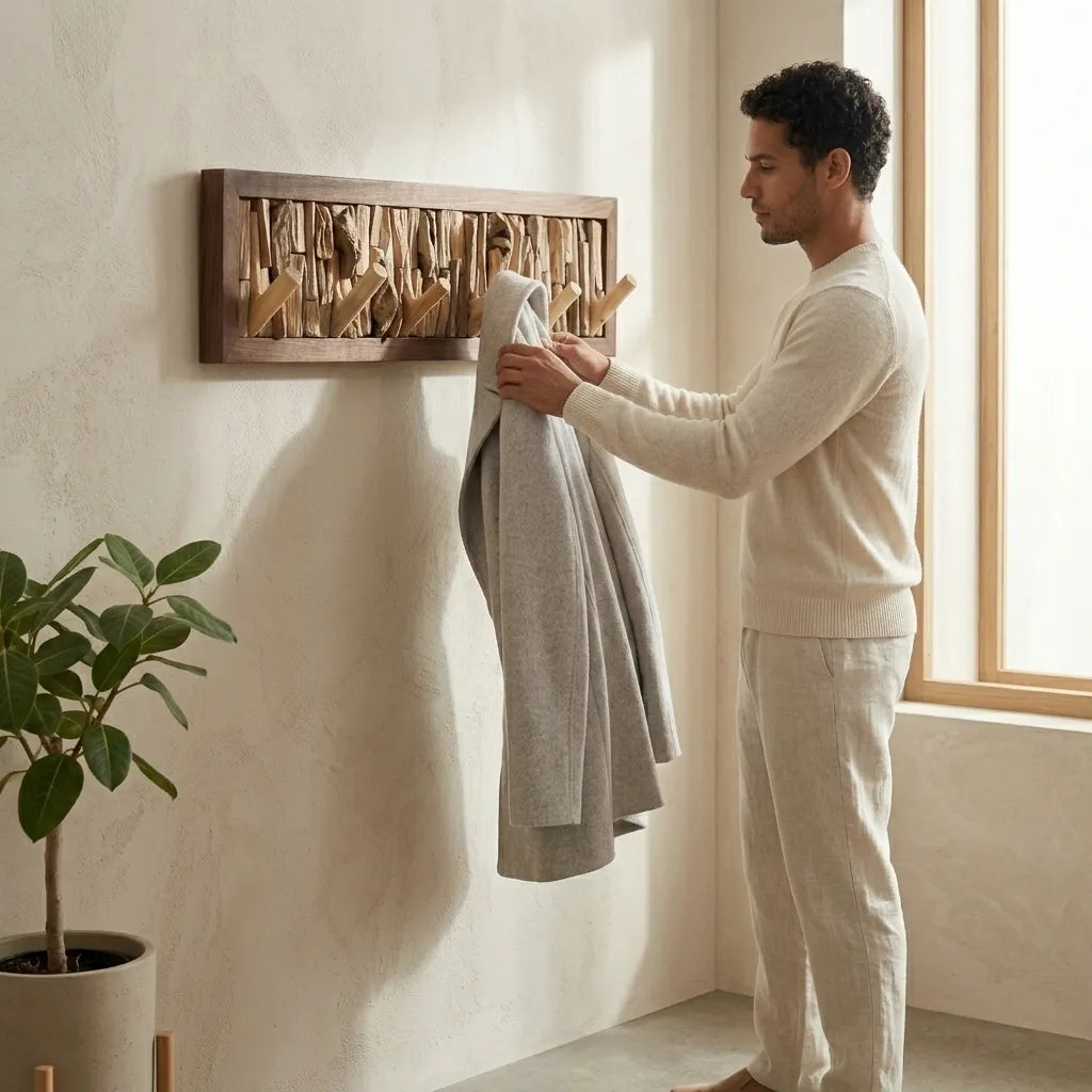 Le Driftio, porte-manteau mural robuste en bois flotté naturel avec cadre clair.