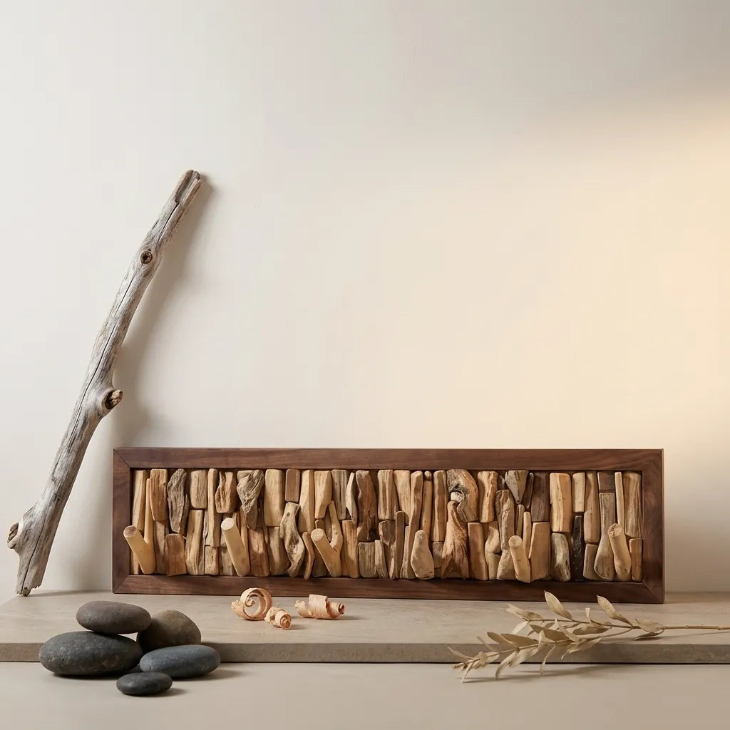 Le Driftio, porte-manteau mural robuste en bois flotté naturel avec cadre clair.