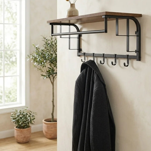 Porte-manteau mural étagère, style industriel bois rustique acier noir, rangement entrée