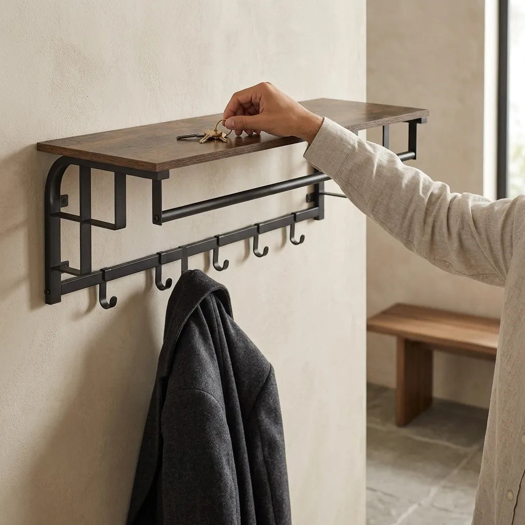 Porte-manteau mural étagère, style industriel bois rustique acier noir, rangement entrée