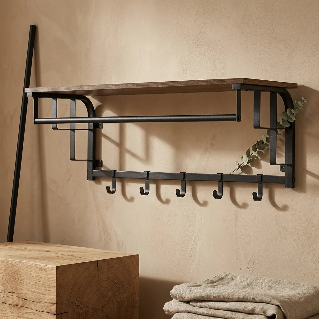 Porte-manteau mural étagère, style industriel bois rustique acier noir, rangement entrée