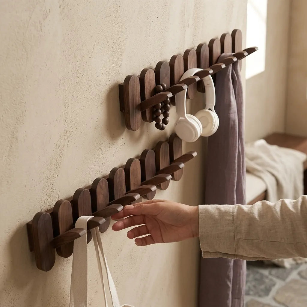Le Organio, patère murale sculpturale en noyer, avec crochets discrets et rabattables.