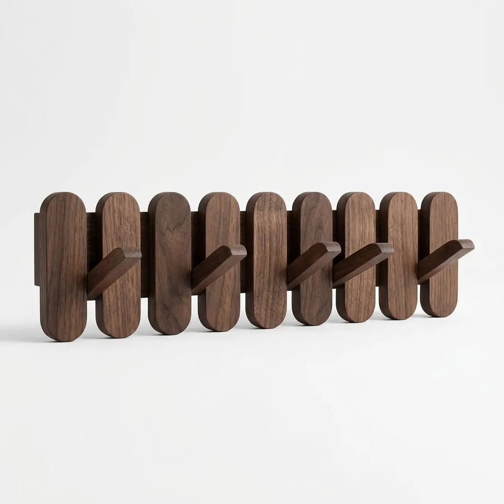 Le Organio, patère murale sculpturale en noyer, avec crochets discrets et rabattables.