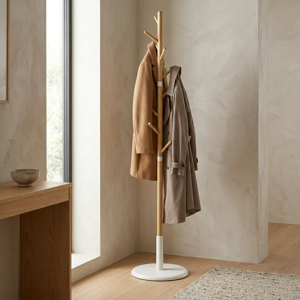 Porte-manteau sur pied arbre en bambou et métal blanc - Le Bambreo