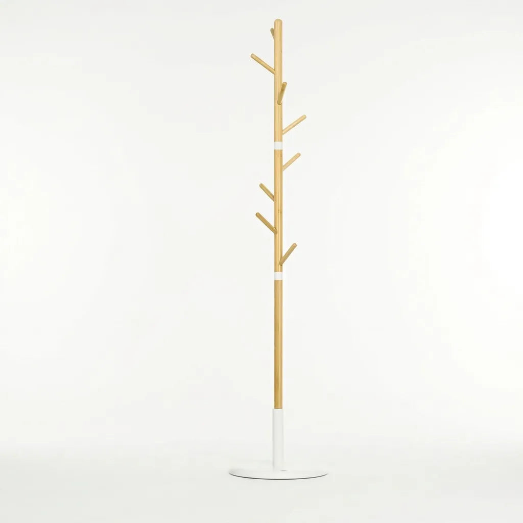 Porte-manteau sur pied arbre en bambou et métal blanc - Le Bambreo