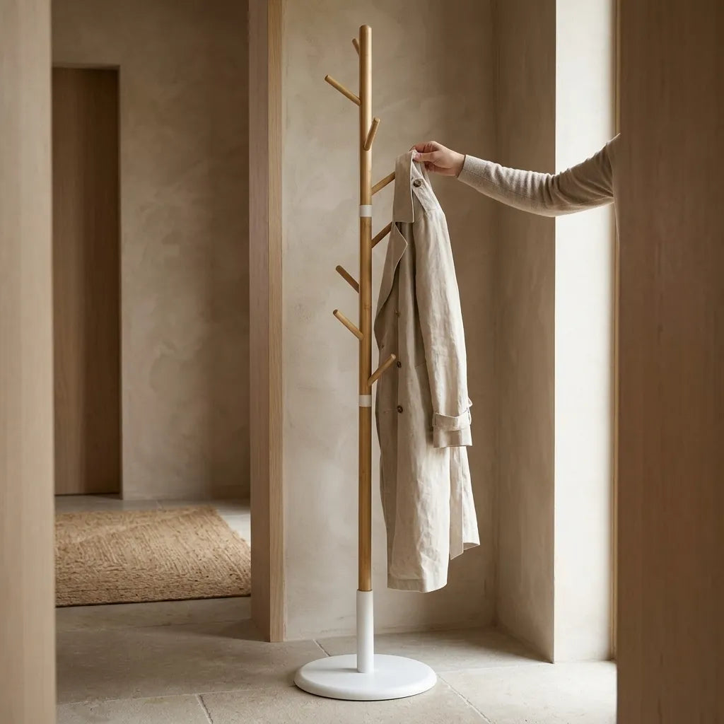 Porte-manteau sur pied arbre en bambou et métal blanc - Le Bambreo