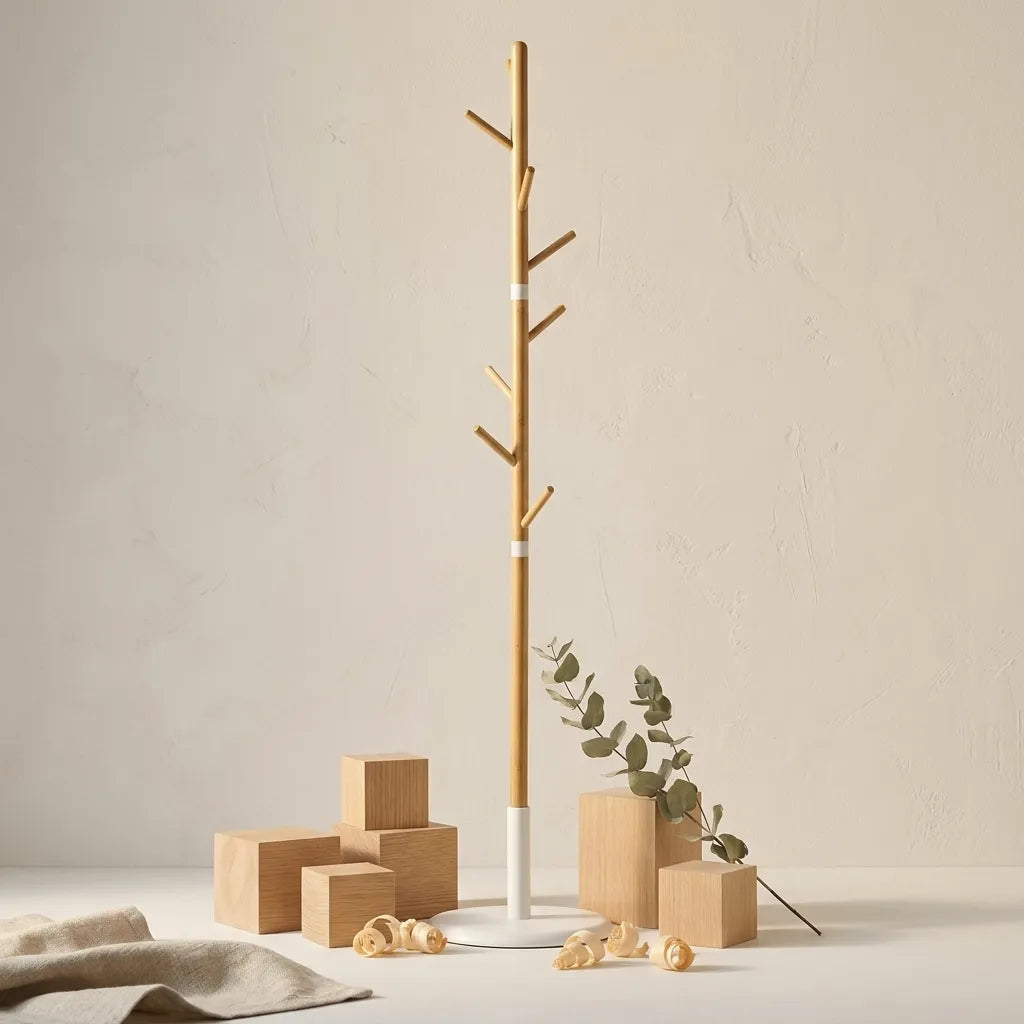 Porte-manteau sur pied arbre en bambou et métal blanc - Le Bambreo