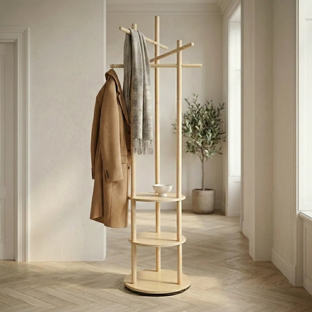 Porte-manteau rotatif en bois avec étagères - Le Spinio